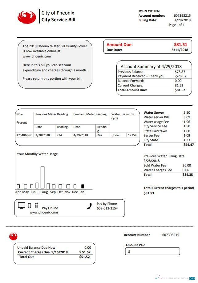 download download USA Arizona City of Phoenix utility bill template in Word and PDF format PDF template PDF template
